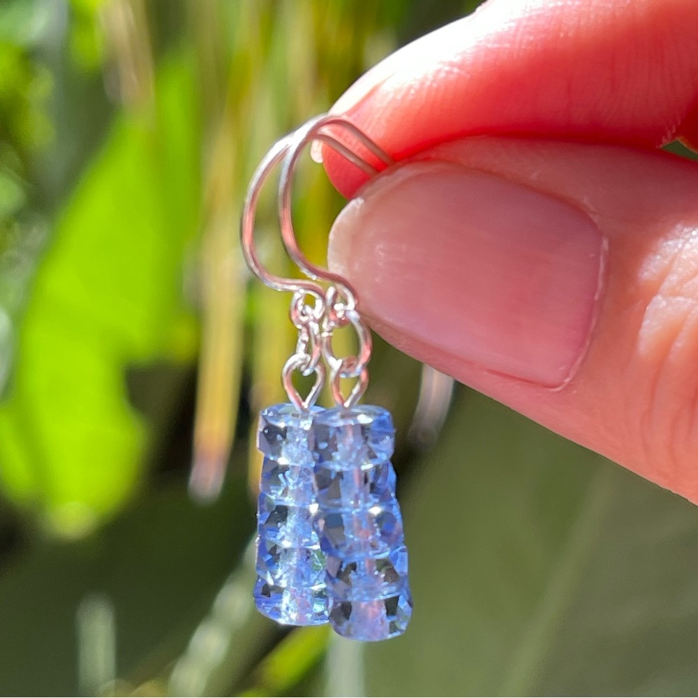 Faceted blue spinel barrel shaped bead solid sterling silver drop earrings